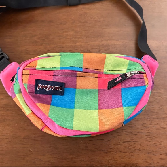 Jansport Neon Plaid Fanny Pack Waist Bag Adjustable Strap 2 Zip Pockets - Picture 1 of 9